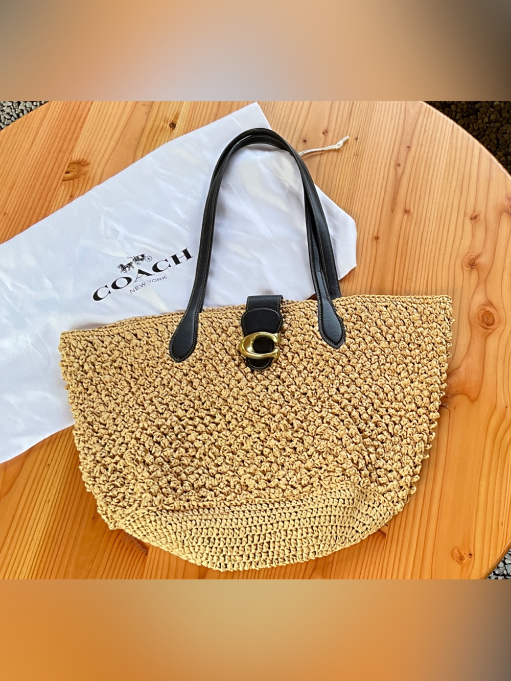 Coach Natural Straw Tote with Black Leather Straps